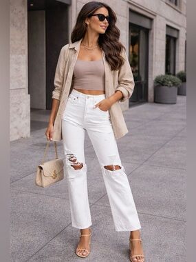 Agolde White 90s Jean Loose Fit Rip Straight Leg Mid rise Button Fly‎ Jeans 31